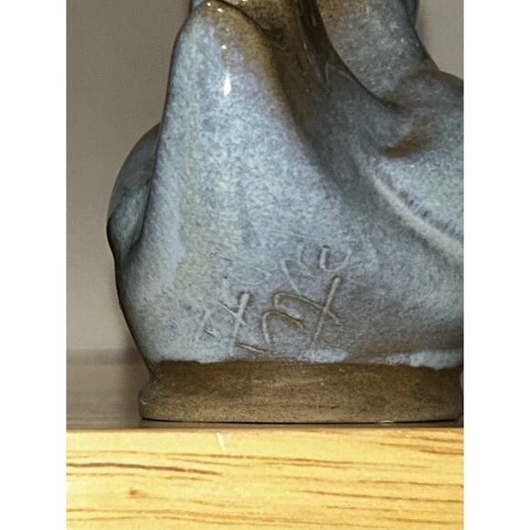 Pie Bird Signed Peter Pots Art Pottery Blue Brown Modern Hen Chicken Mottled - Picture 5 of 12